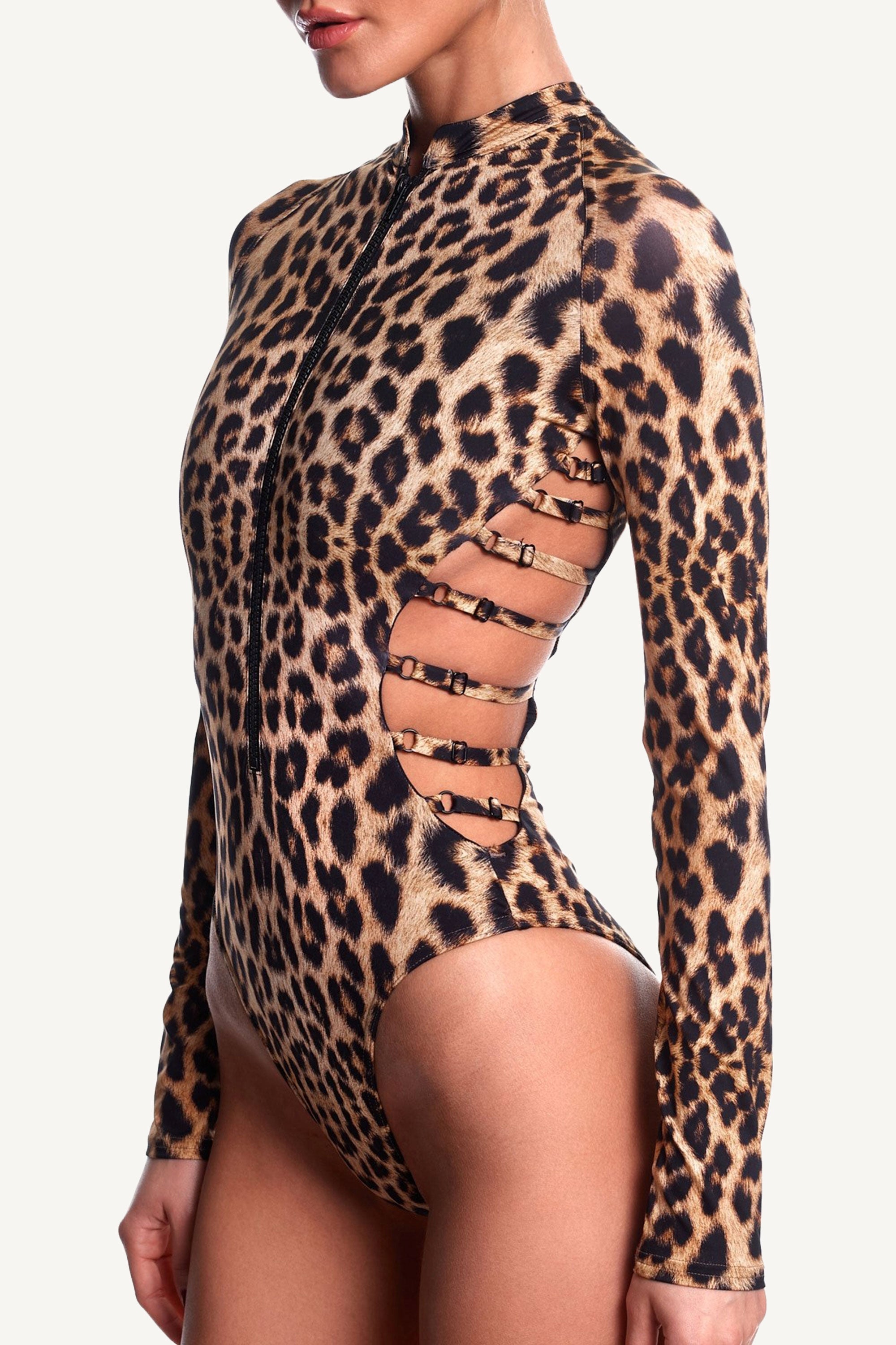 Costum de baie întreg cu mânecă lungă și efect modelator Leopard