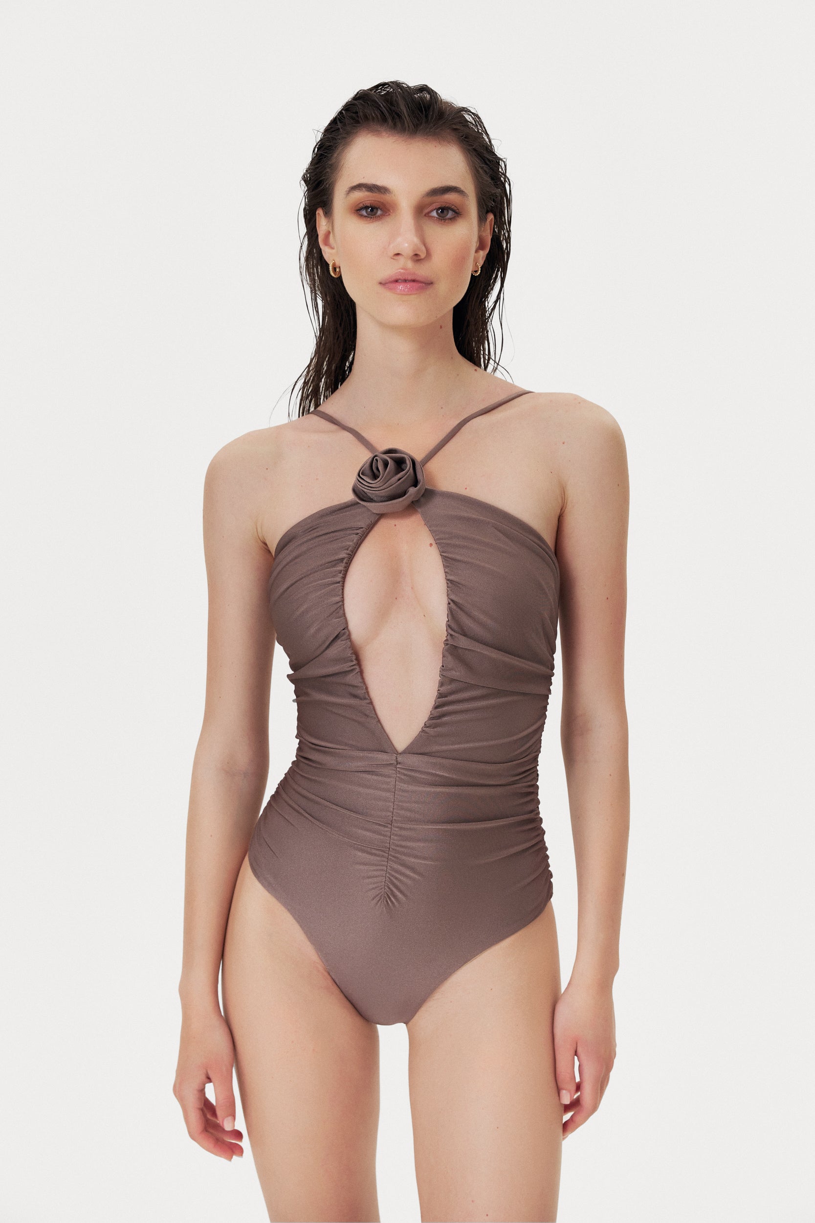Costum de baie întreg drapat Flower Taupe