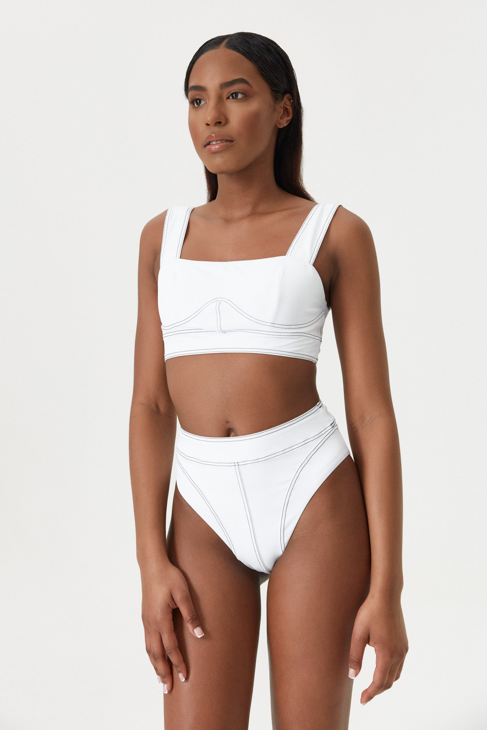 Slip de baie cu talie înaltă Corset Lines Alb