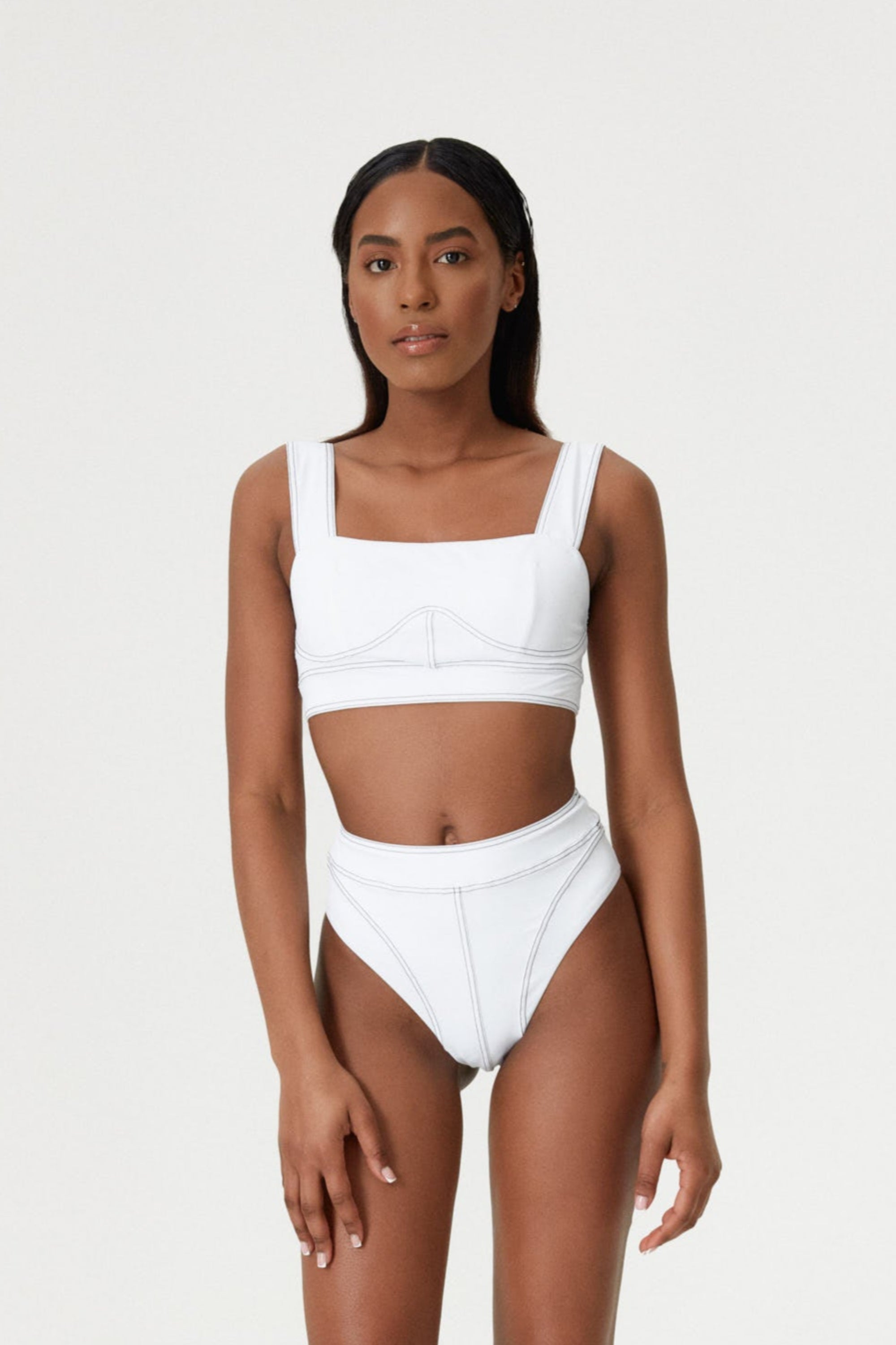 Slip de baie cu talie înaltă Corset Lines Alb