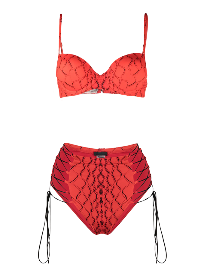 Red Snake Push-Up Bra & Tie Side High Waist Bikini